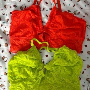 Aerie Orange and Green Lace Bralettes Set